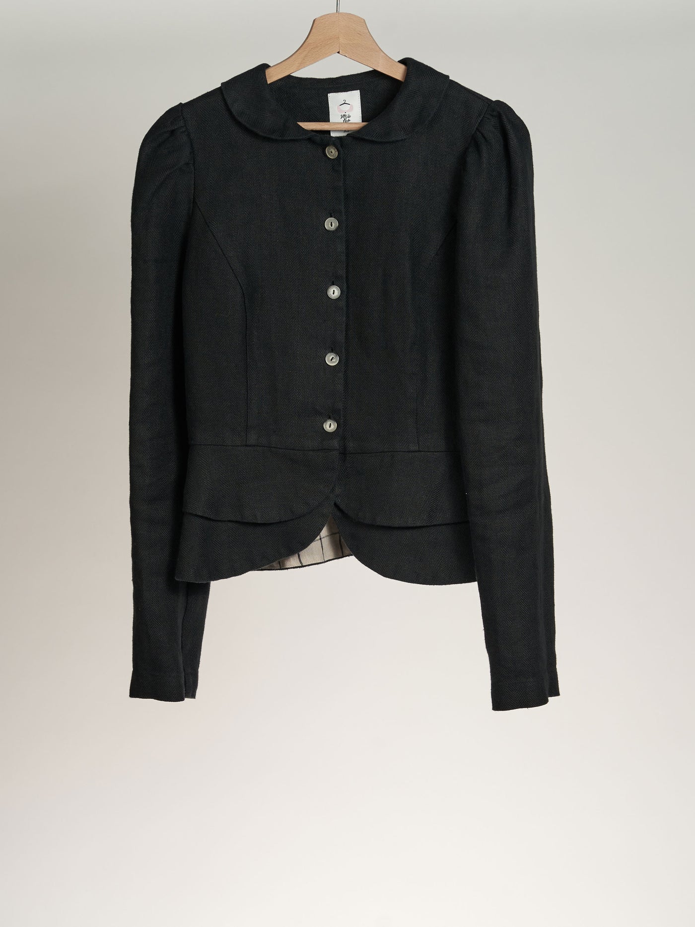 Black Herringbone Elizabeth Jacket, Long Sleeve, Twill Linen