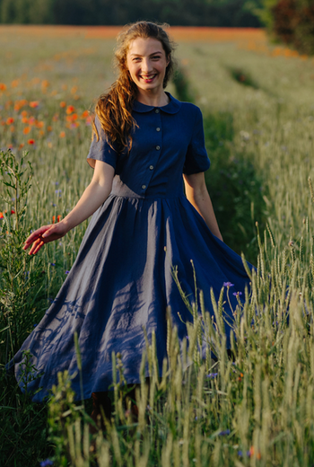 Blue Cotton Linen Dress For Women Casual Pullover Elegant Midi