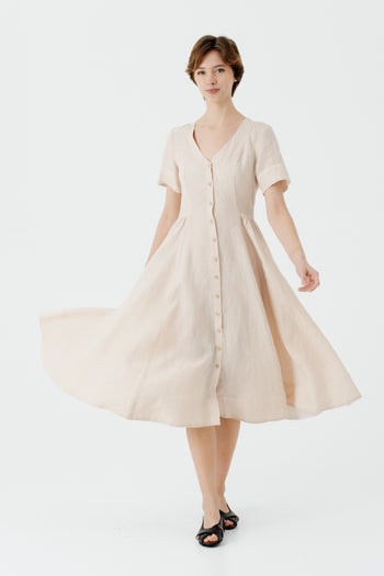 Classic Dress with Embroidered Meadow Collar, Short Sleeve