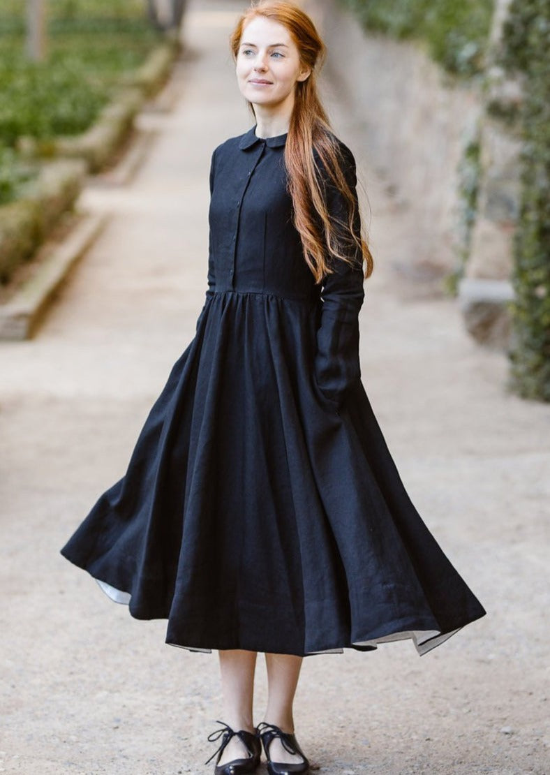 Classic Dress, Long Sleeve, Black Pansy