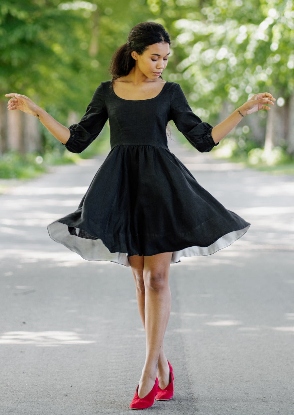 Mini Carmen Dress, 3/4 Sleeve, Black Pansy