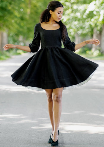 Mini Carmen Dress, 3/4 Sleeve, Black Pansy