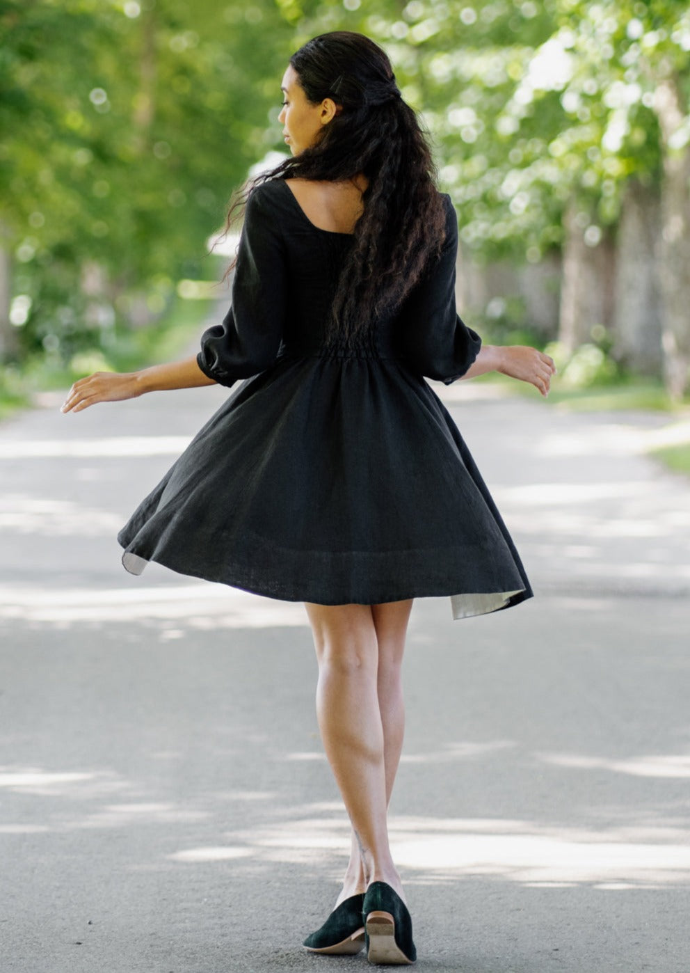 Mini Carmen Dress, 3/4 Sleeve, Black Pansy