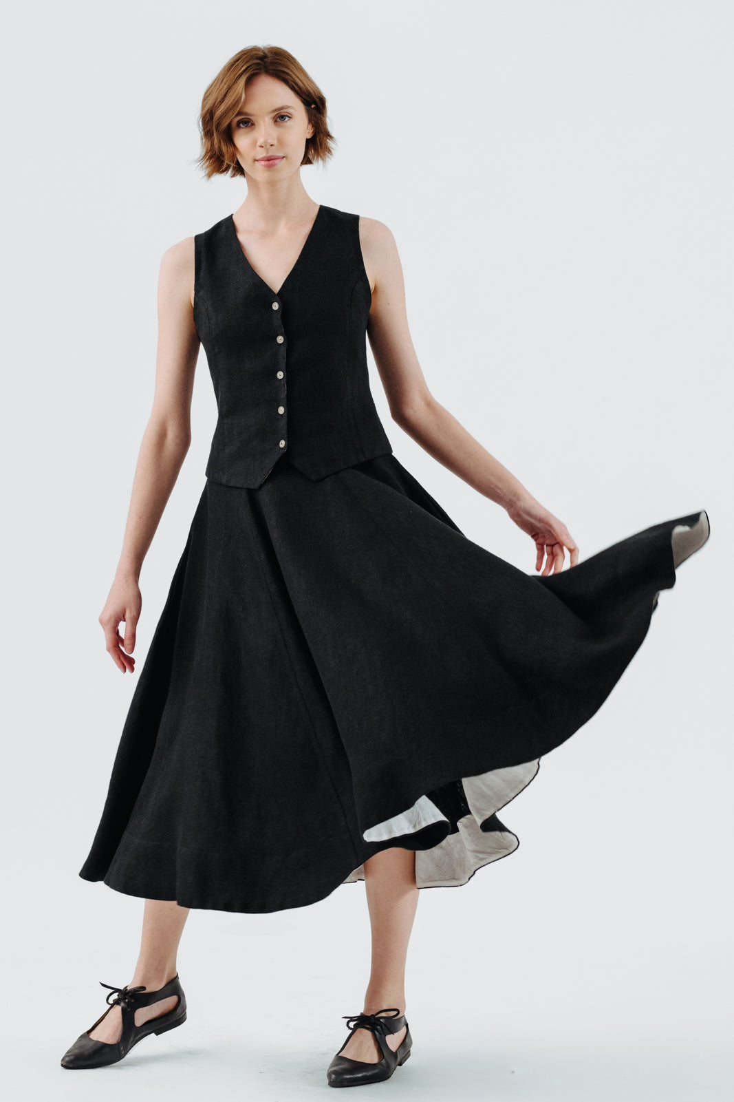 Classic Skirt, Twill Linen - Son de Flor#color_black-herringbone