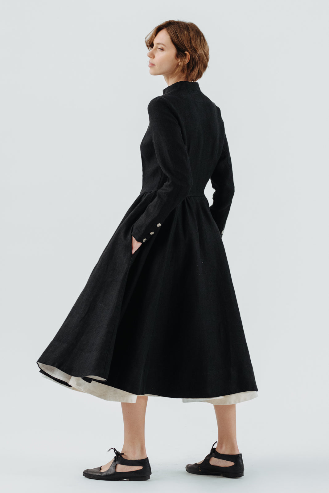 Victorian Coat, Twill Linen, Black Herringbone
