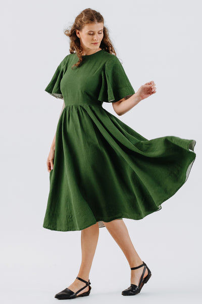 Butterfly Sleeve Dress, Short Sleeve, Emerald Green