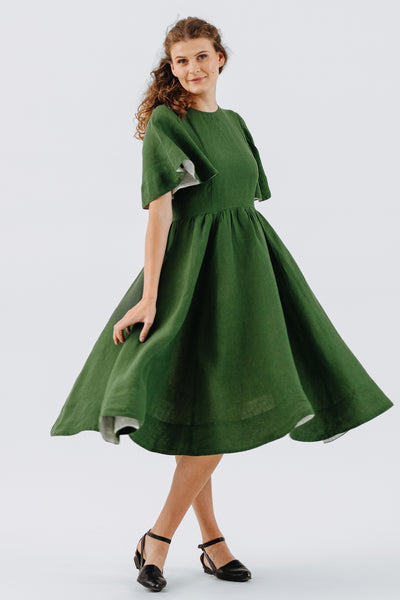 Butterfly Sleeve Dress, Short Sleeve, Emerald Green