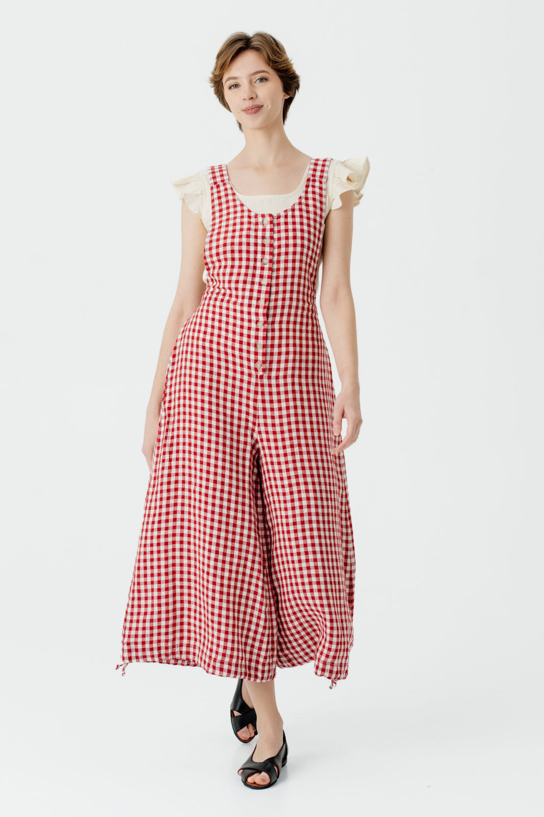 Button Front Jumpsuit, Red Gingham