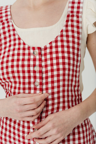 Button Front Jumpsuit, Red Gingham