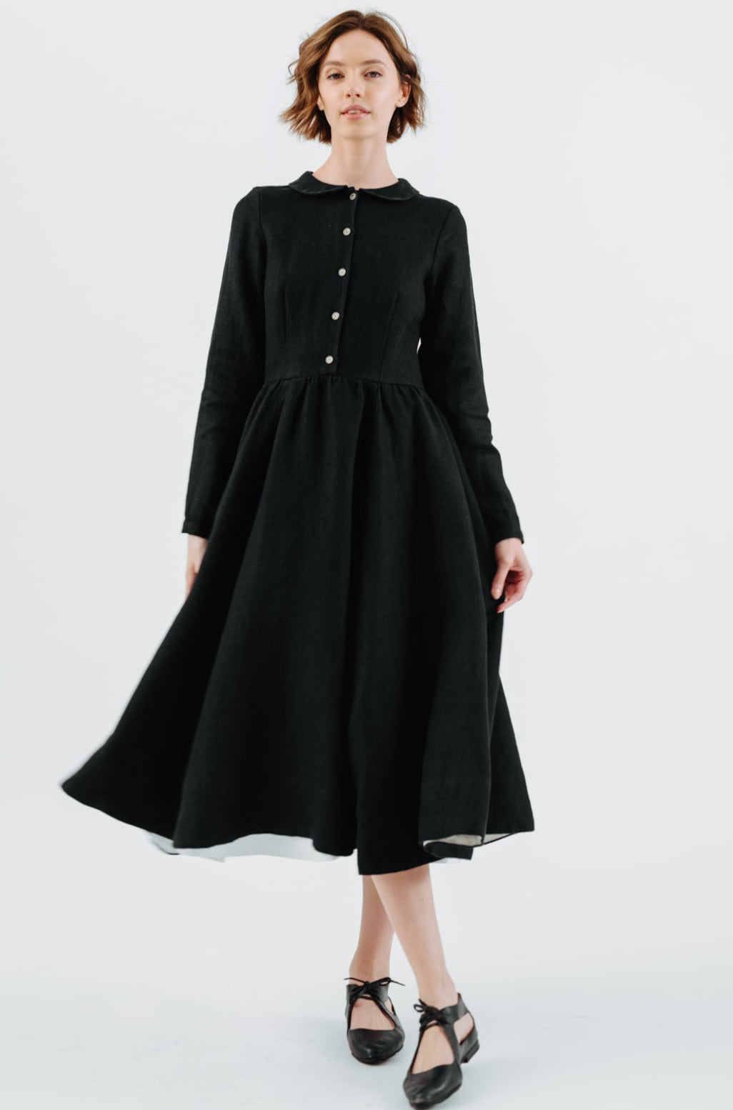 Classic Dress, Long Sleeve, Twill Linen, Black Herringbone