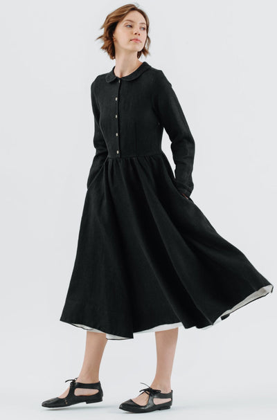 Classic Dress, Long Sleeve, Twill Linen, Black Herringbone