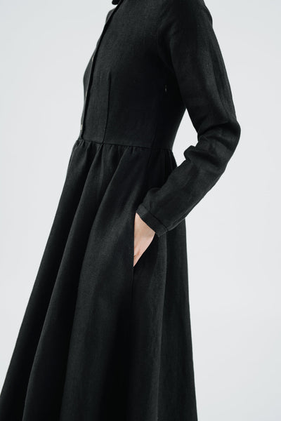 Classic Dress, Long Sleeve, Twill Linen, Black Herringbone