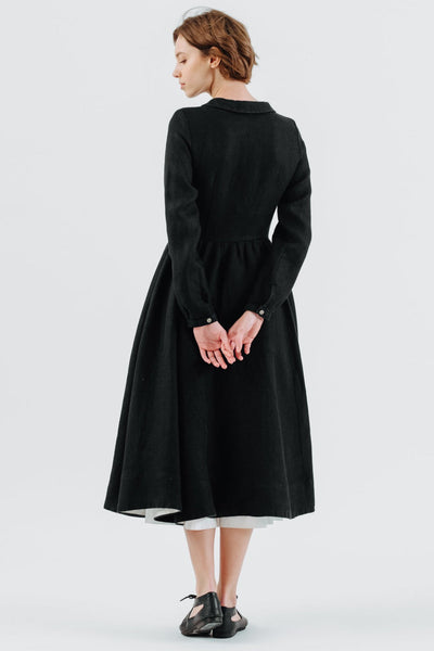 Classic Dress, Long Sleeve, Twill Linen, Black Herringbone