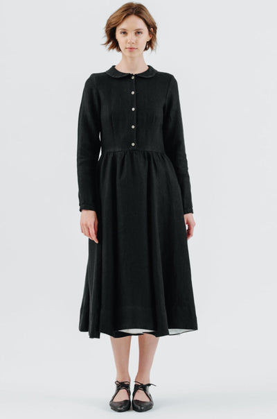 Classic Dress, Long Sleeve, Twill Linen, Black Herringbone