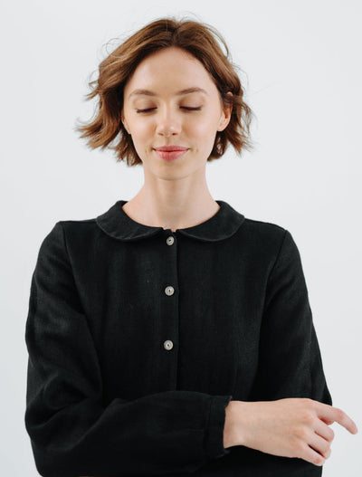 Classic Dress, Long Sleeve, Twill Linen, Black Herringbone