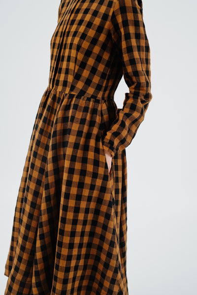 Classic Dress, Long Sleeve - Son de Flor#color_brown-checkers