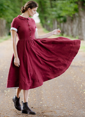 A LINE DRESS Red Linen Dress, Long Sleeves, Shirtwaist Dress, Cottagecore  Clothing, Semi Formal Long Dresses, Sondeflor 