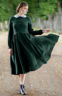 Classic – Midi Linen Dress with Embroidered Meadow Collar