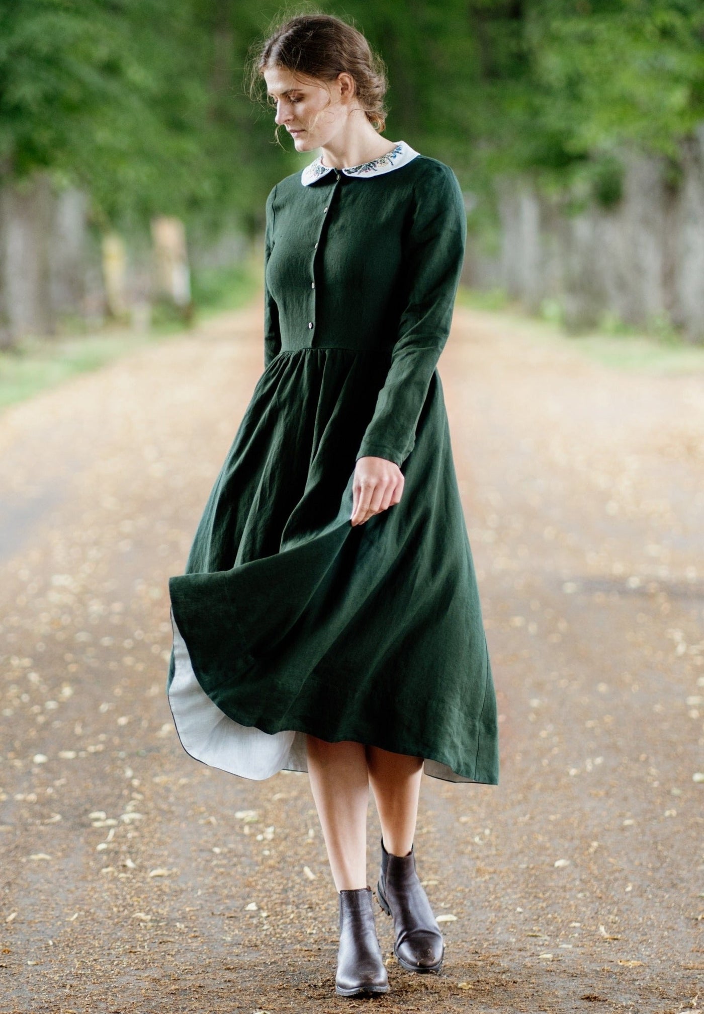 Classic Dress with Embroidered Meadow Peter Pan Collar, Long Sleeve#color_evergreen