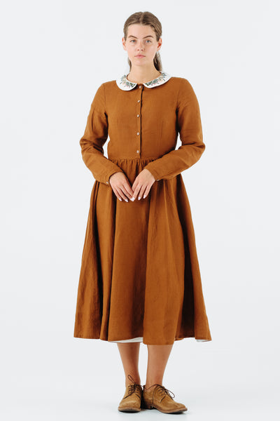 Classic Dress with Embroidered Meadow Peter Pan Collar, Long Sleeve#color_warm-brown