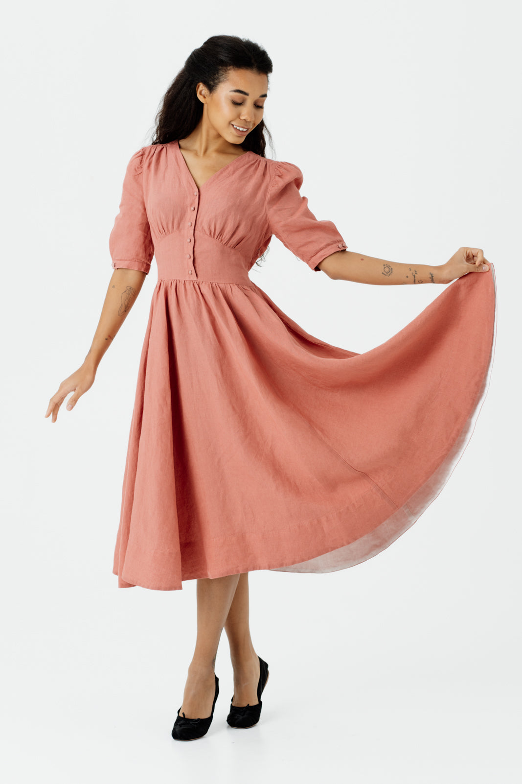 Diane Dress, Puffed Sleeve, Vintage Pink