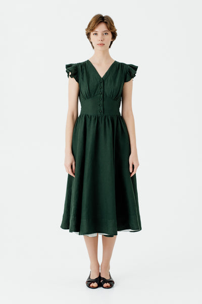 Diane Dress, Ruffle Sleeve, Evergreen
