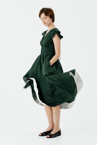 Diane Dress, Ruffle Sleeve, Evergreen