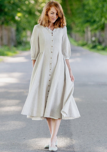 Ophelia Dress, 3/4 Sleeve, Natural Dot