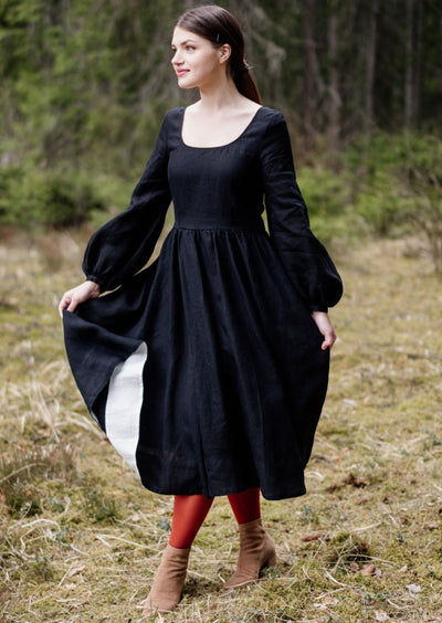 Carmen Dress, Long Sleeve, Black Pansy