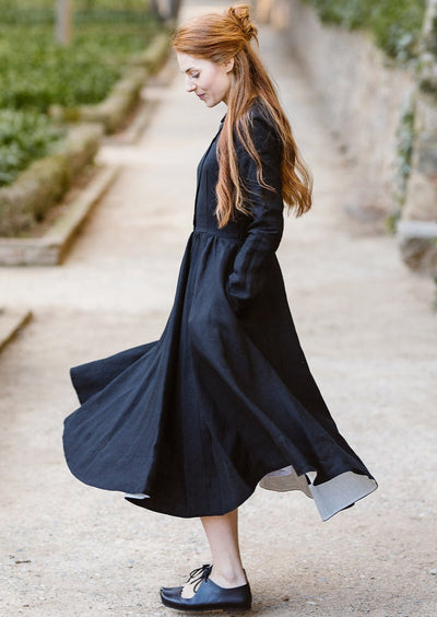 Classic Dress, Long Sleeve, Black Pansy