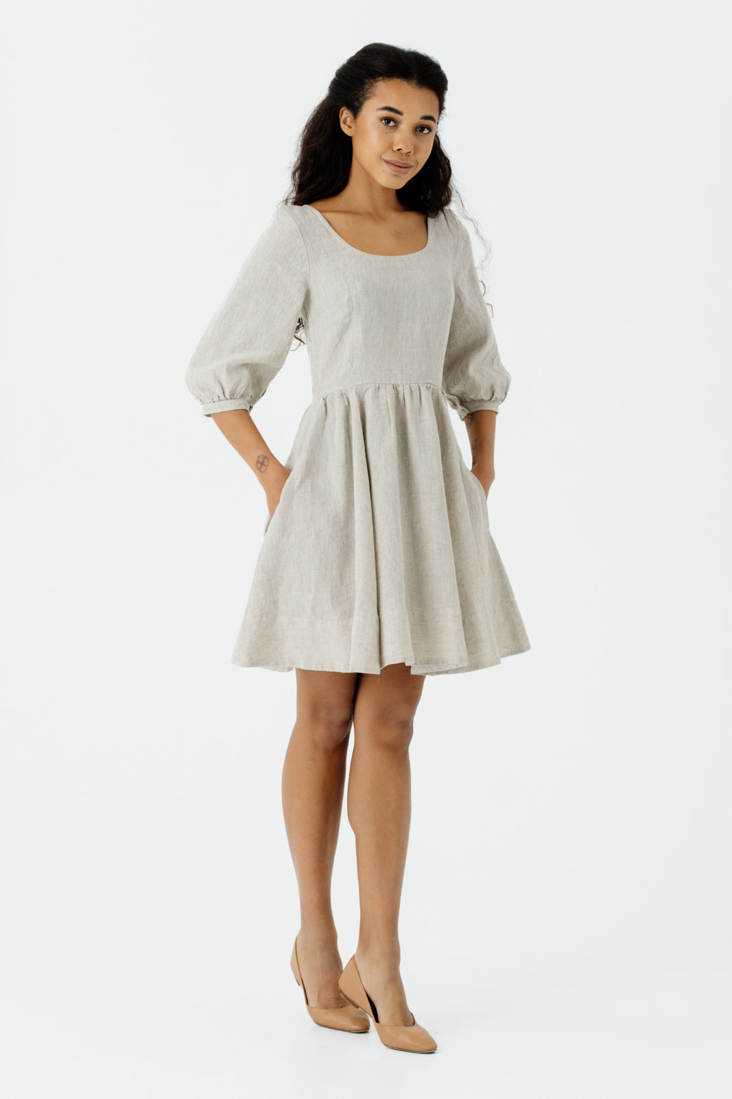 Mini Carmen Dress, 3/4 Sleeve, Natural Dot