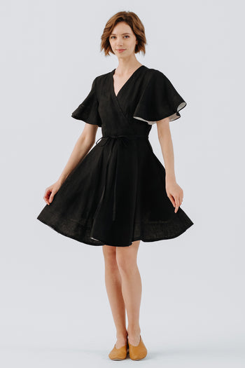 Mini Wrap Dress, Butterfly Sleeve, Black Pansy