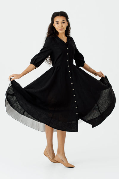 Ophelia Dress, 3/4 Sleeve, Black Pansy