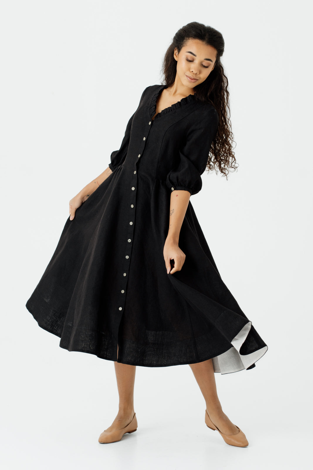 Ophelia Dress, 3/4 Sleeve, Black Pansy