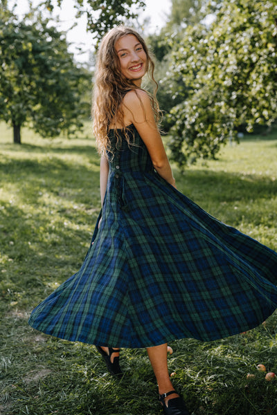 Pinafore Dress, Sleeveless, Blue Tartan