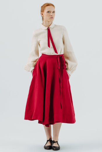 Red Linen Midi Skirt for Women, A Line Swing Skirt With Pockets