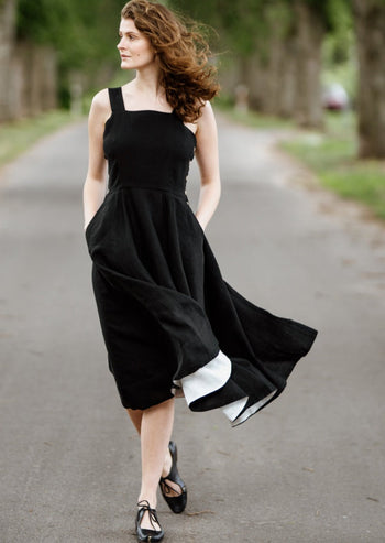 Pinafore Dress, Sleeveless, Black Pansy