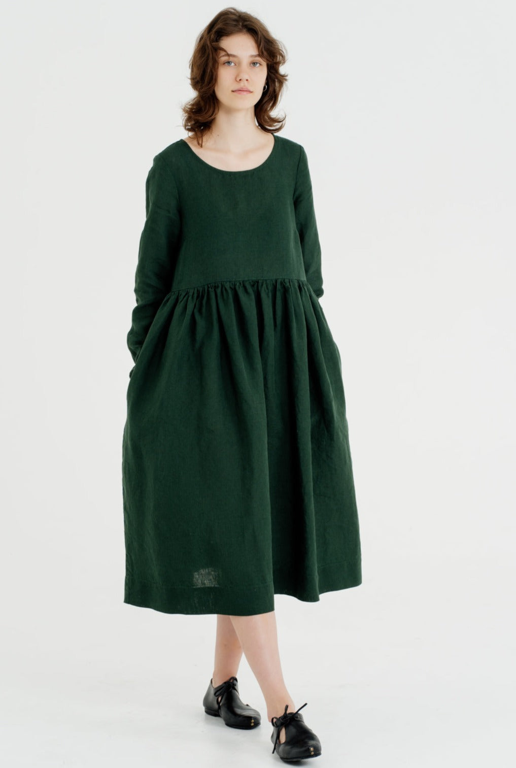 Smock Dress, Long Sleeve, Evergreen#color_evergreen