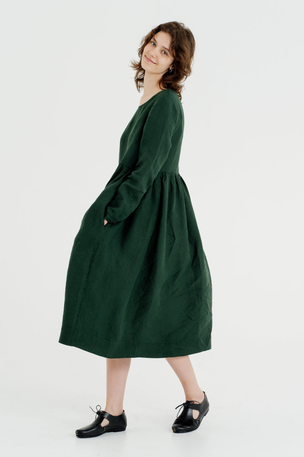 Smock Dress, Long Sleeve, Evergreen#color_evergreen