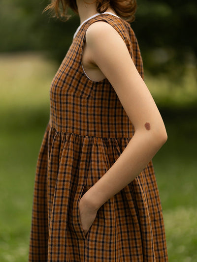 Smock Dress, Sleeveless, Brown Tartan