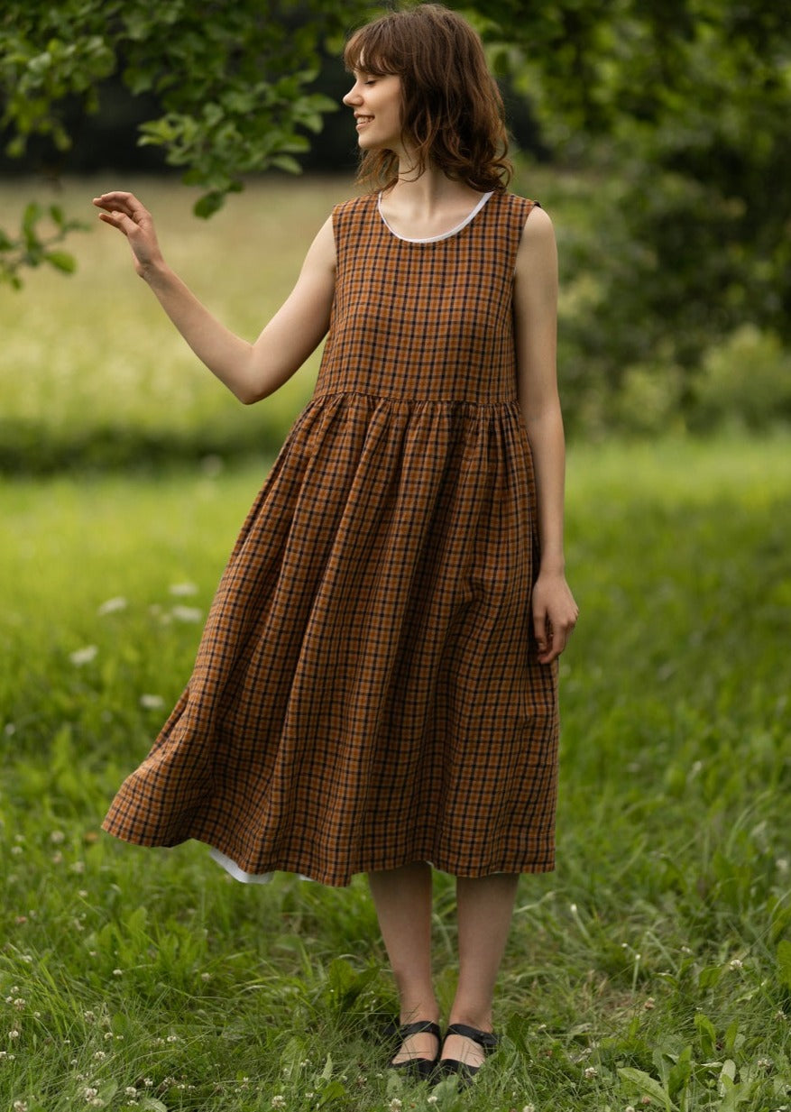 Smock Dress, Sleeveless, Brown Tartan