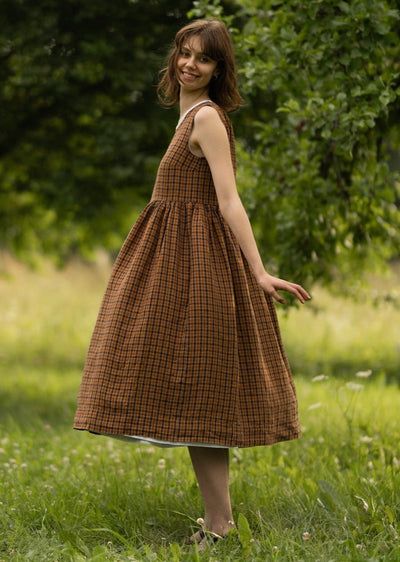 Smock Dress, Sleeveless, Brown Tartan