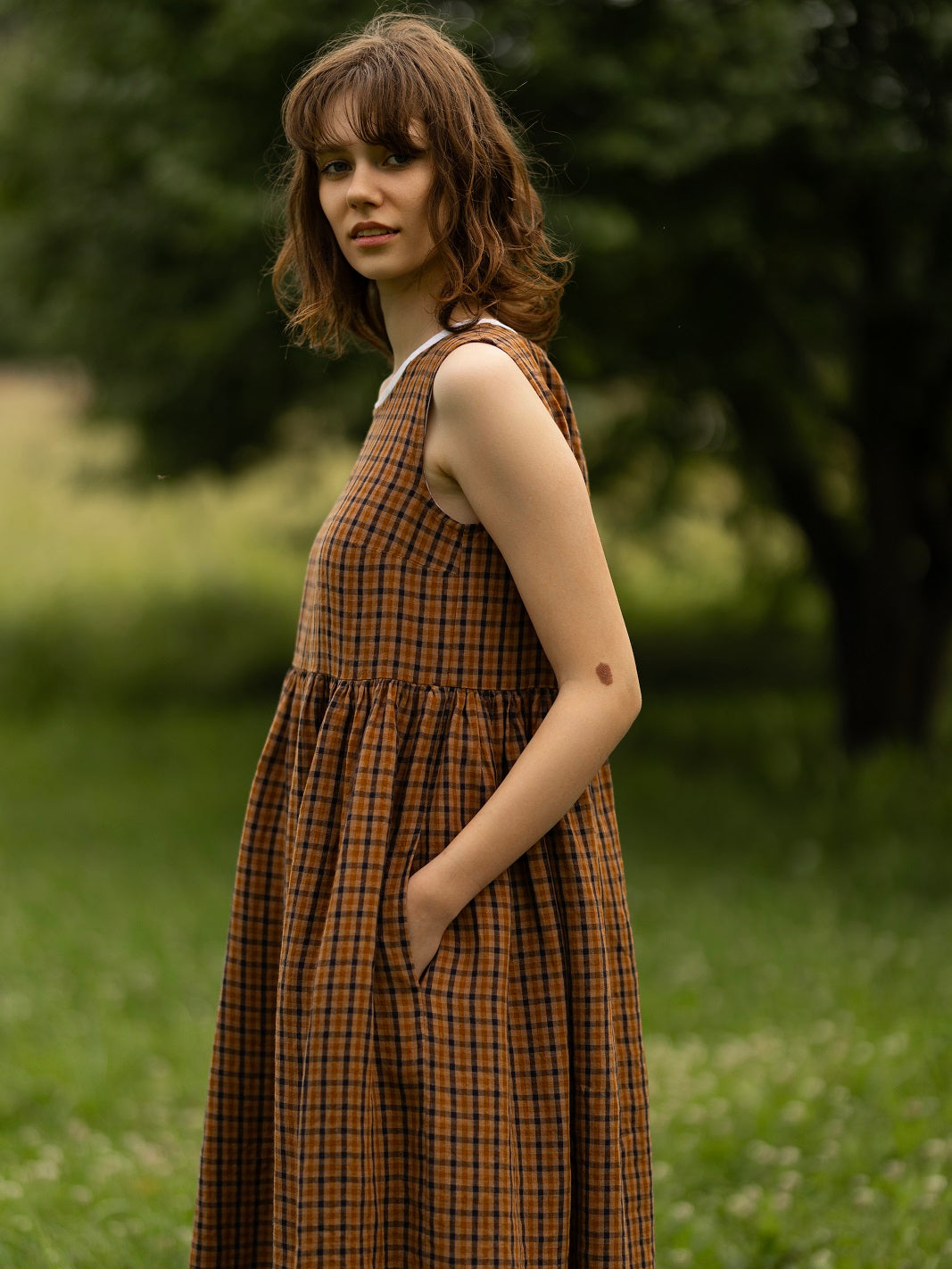 Smock Dress, Sleeveless, Brown Tartan