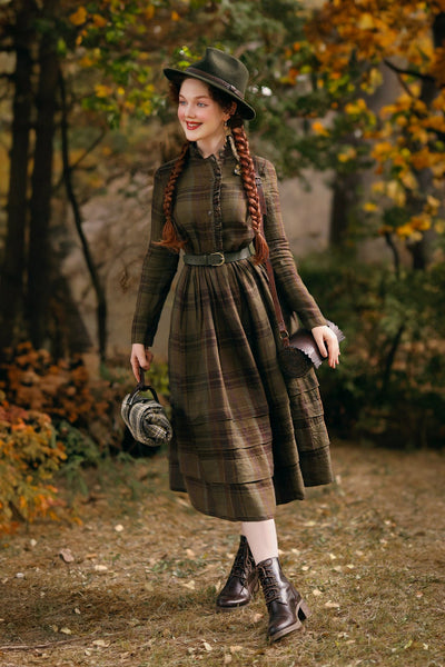 Amy Dress, Long Sleeve, Twill Linen,#color_oak-tartan