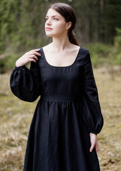Carmen Dress, Long Sleeve, Black Pansy