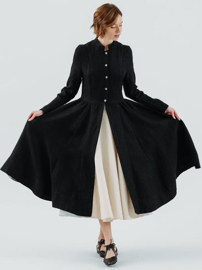 Victorian Coat, Twill Linen, Black Herringbone