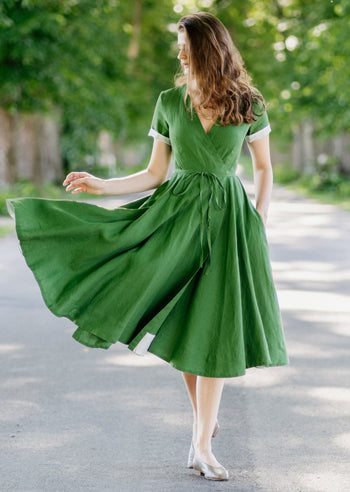 Rosemary Pine Green Dress Wrap Dress Linen Dress Summer Dress Loose Linen  Dress Soft Linen Dress -  Canada