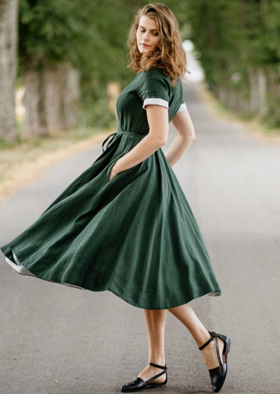 Calf-length Suspender Skirt - Olive green - Ladies