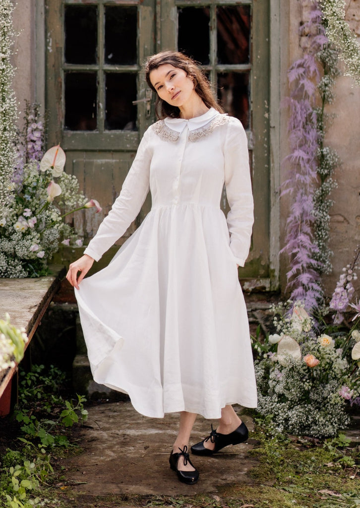 Classic Dress with Embroidered Meadow Collar, Short Sleeve