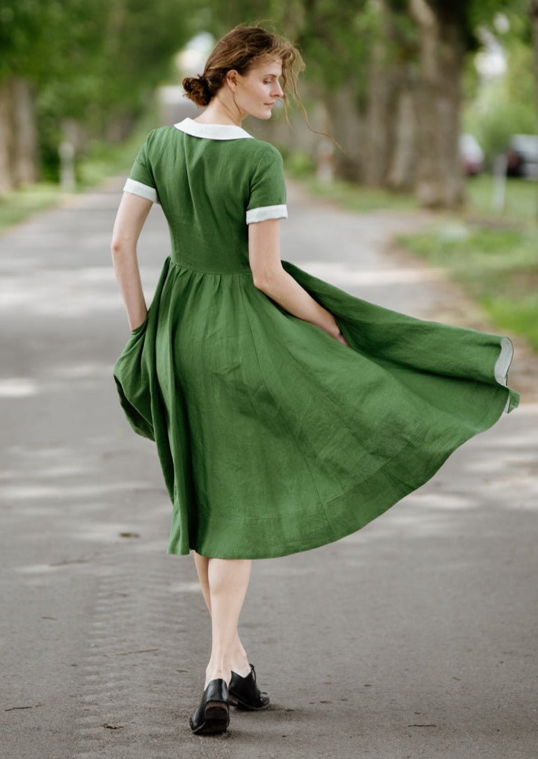 Classic Dress with Embroidered Garden Collar, Short Sleeve - Son de Flor